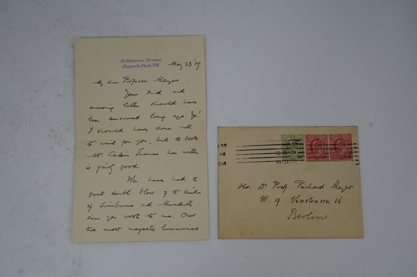 Edmund Gosse (1849-1928). Handwritten letter with full signature, to a Professor Richard Meyer, 23 May 1909. Discusses the “double blow” of the recent deaths of “our two most majestic luminaries”